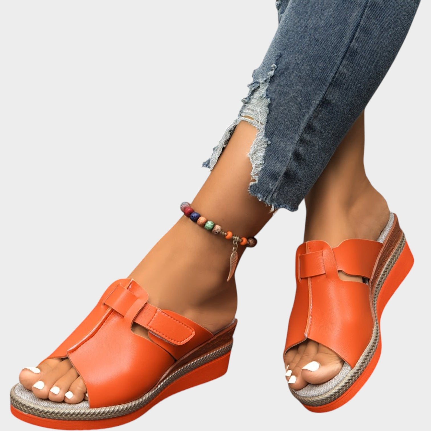 Open Toe Leather Wedge Sandals