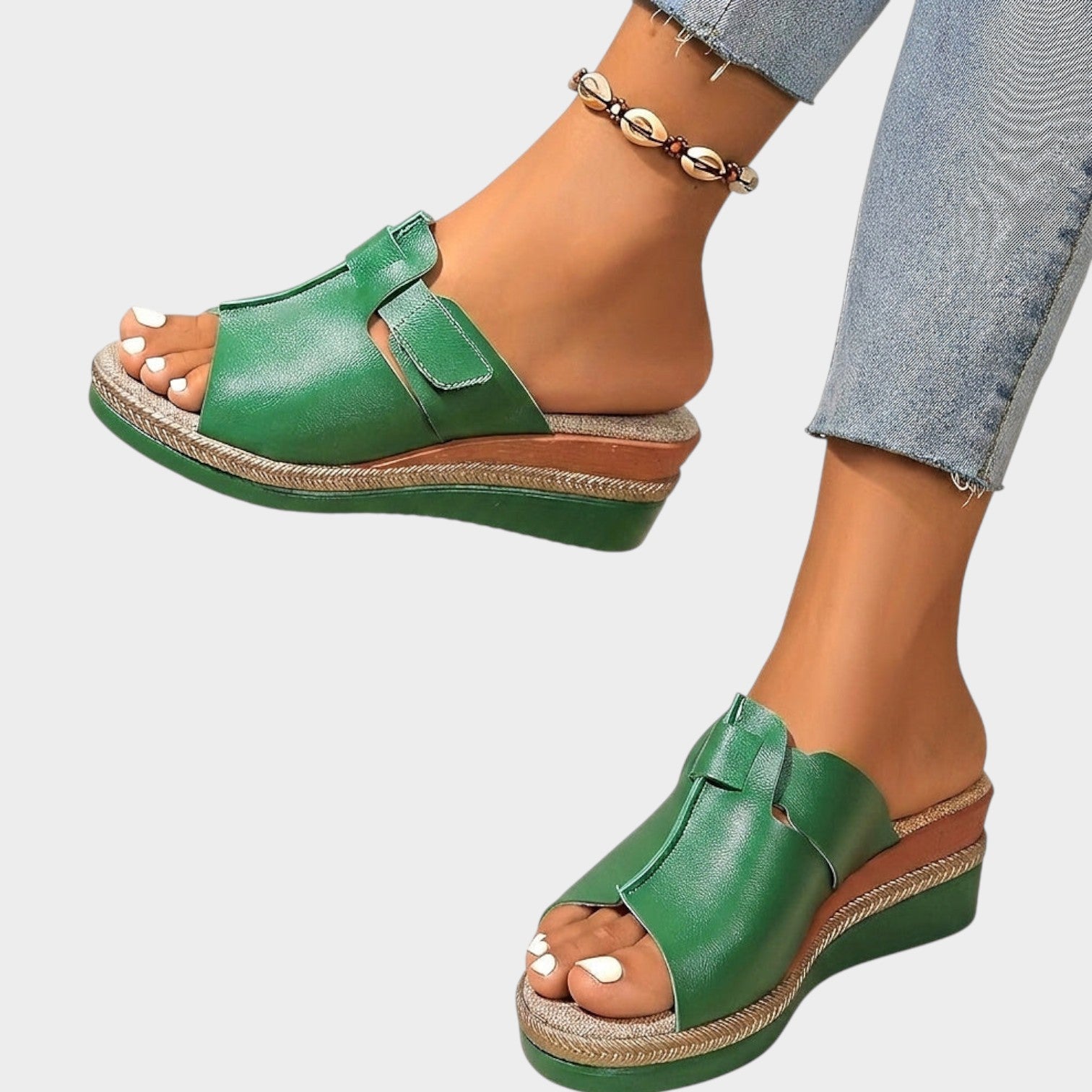 Open Toe Leather Wedge Sandals