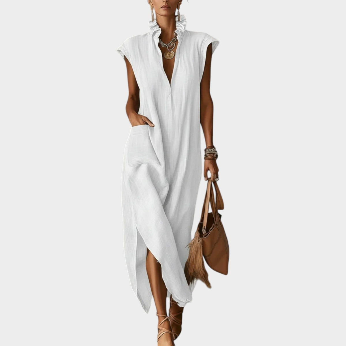 Women's Ruffled Collar Midi Dress Cap Sleeves V Neck
