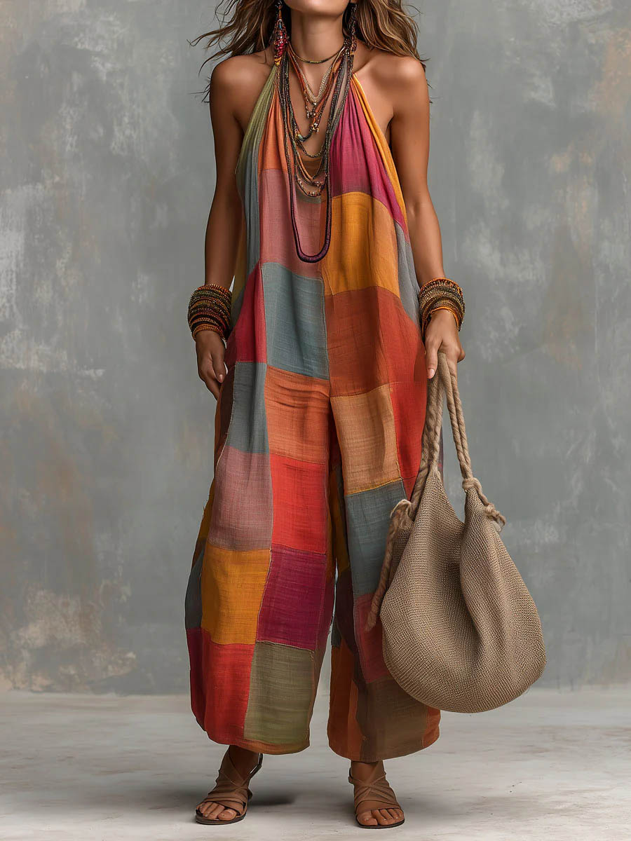 Patchwork Halter Wide-Leg Jumpsuit