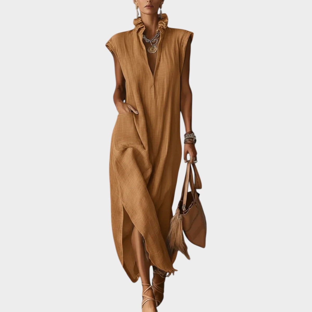 Women's Ruffled Collar Midi Dress Cap Sleeves V Neck