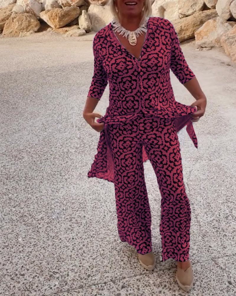 Delphine | Women's V-Neck Tunic and Wide Leg Pants Set with Print