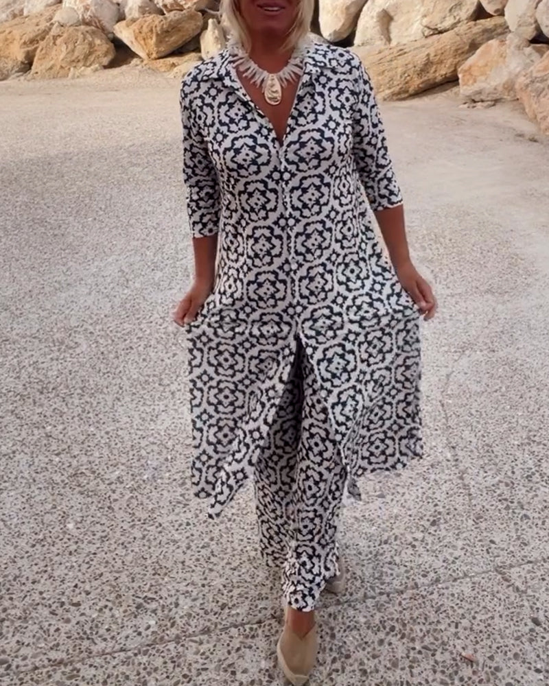 Delphine | Women's V-Neck Tunic and Wide Leg Pants Set with Print