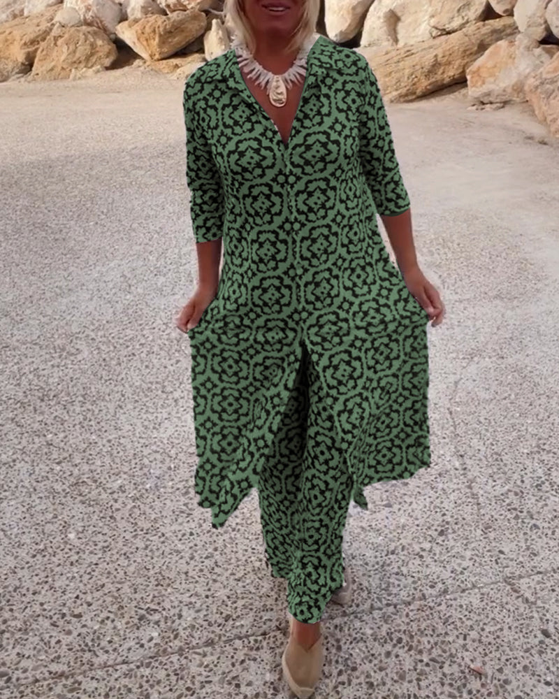 Delphine | Women's V-Neck Tunic and Wide Leg Pants Set with Print