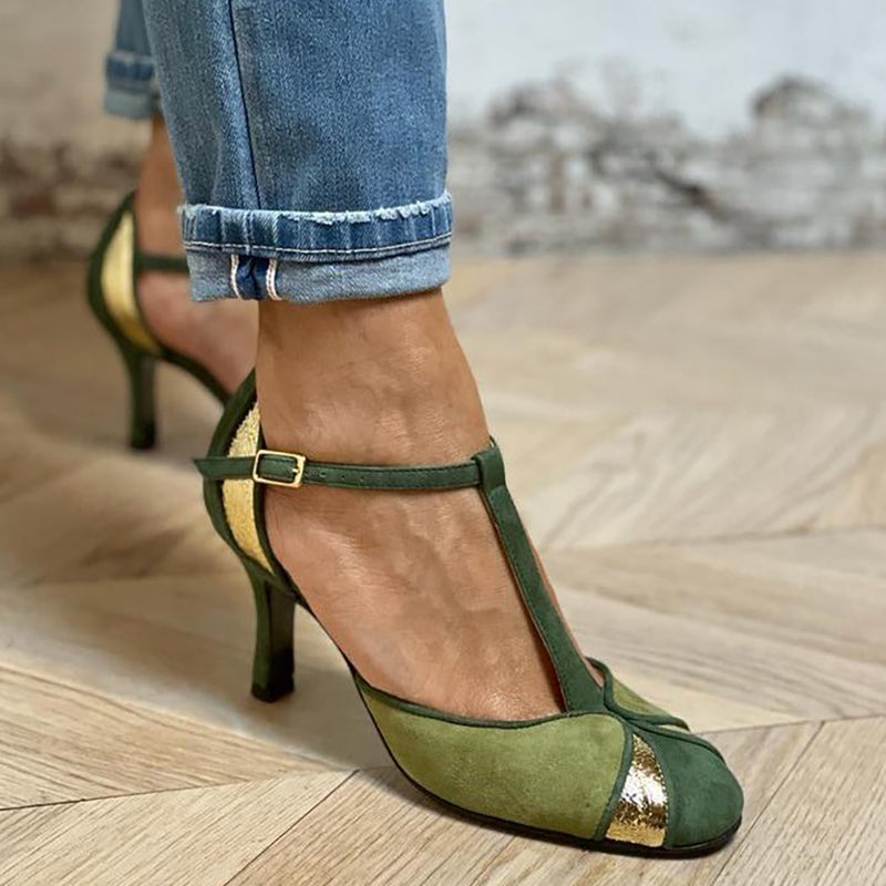 Taviana™ | T-Strap Closed Toe Patchwork Heels
