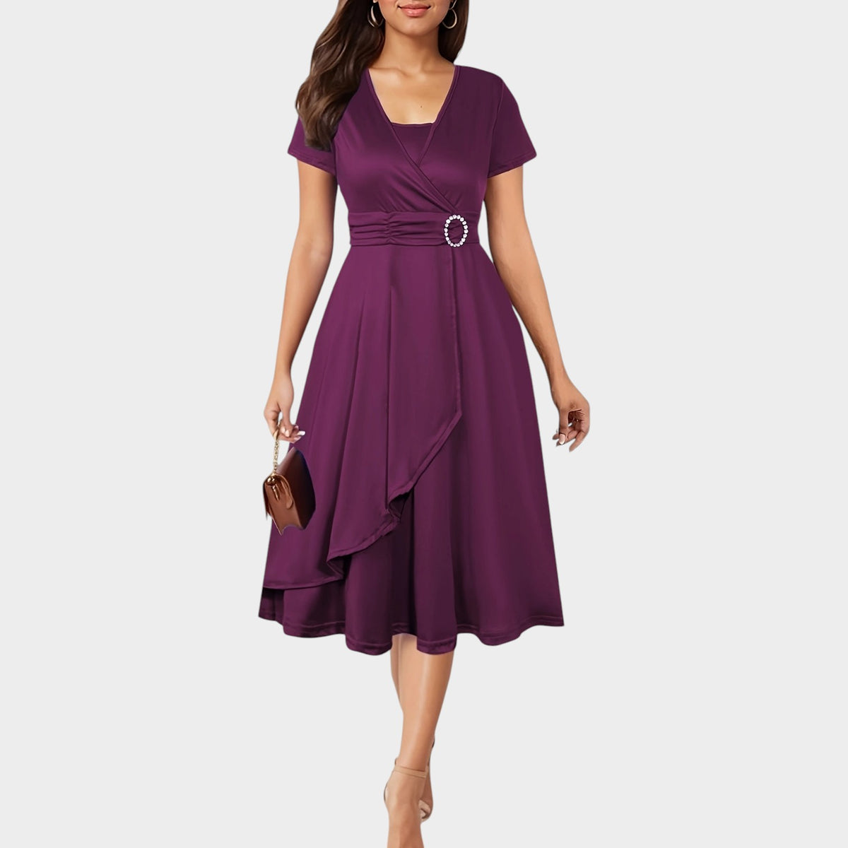 Women’s Wrap Midi Dress with Short Sleeves and Rhinestone Waist Detail