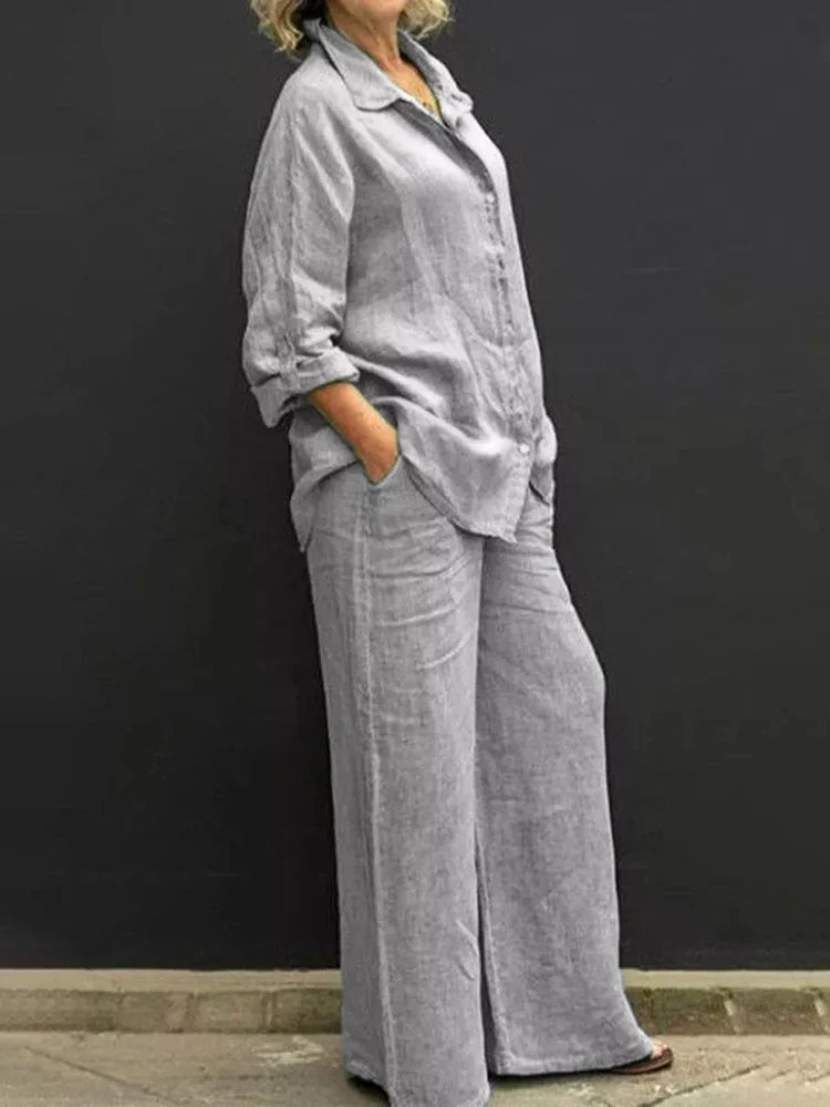 Petra | Women's Long Sleeve Shirt & Wide Leg Pants 2-Piece Set