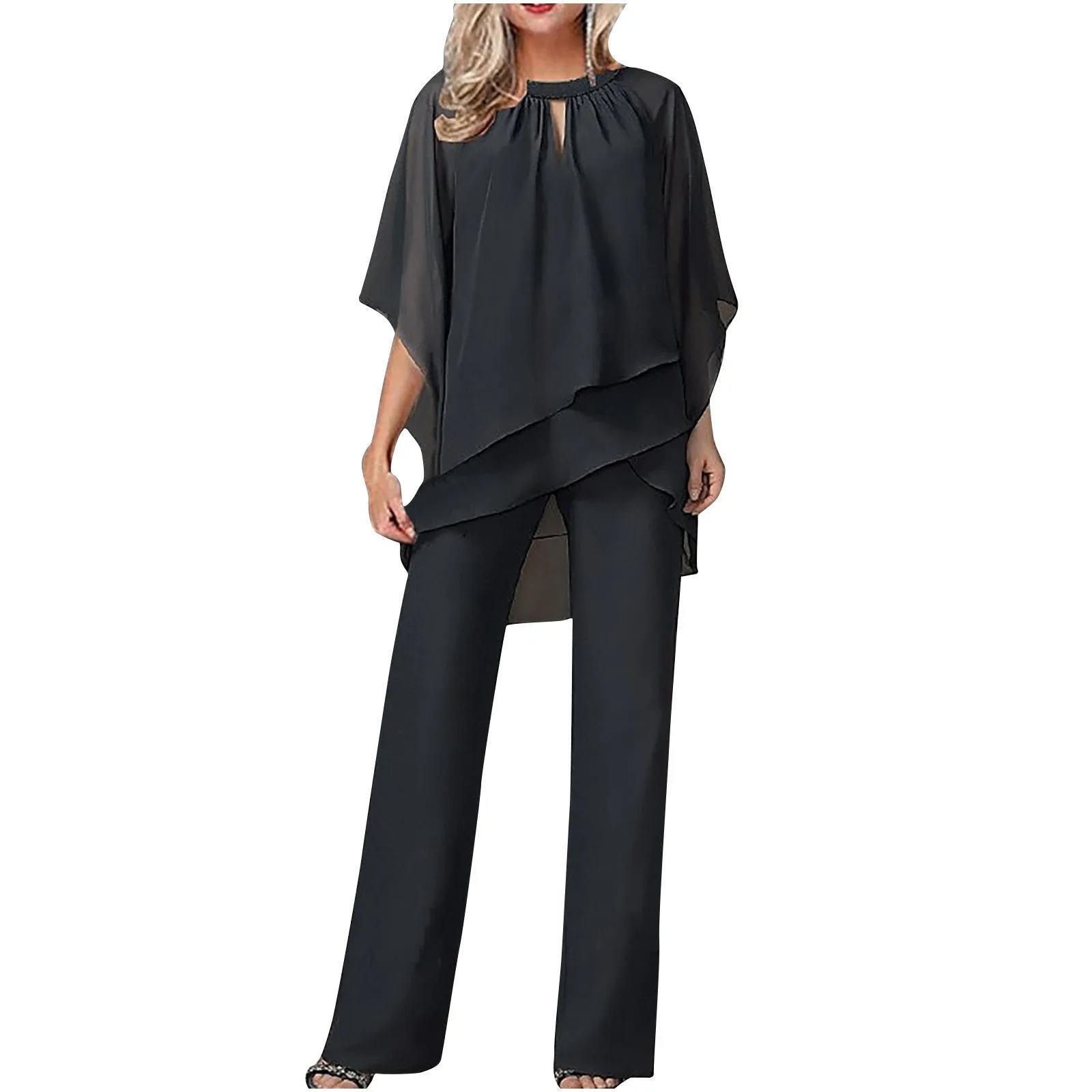 Vivienne | Women's Wide Leg Pantsuit with Chiffon Overlay and Batwing Sleeves
