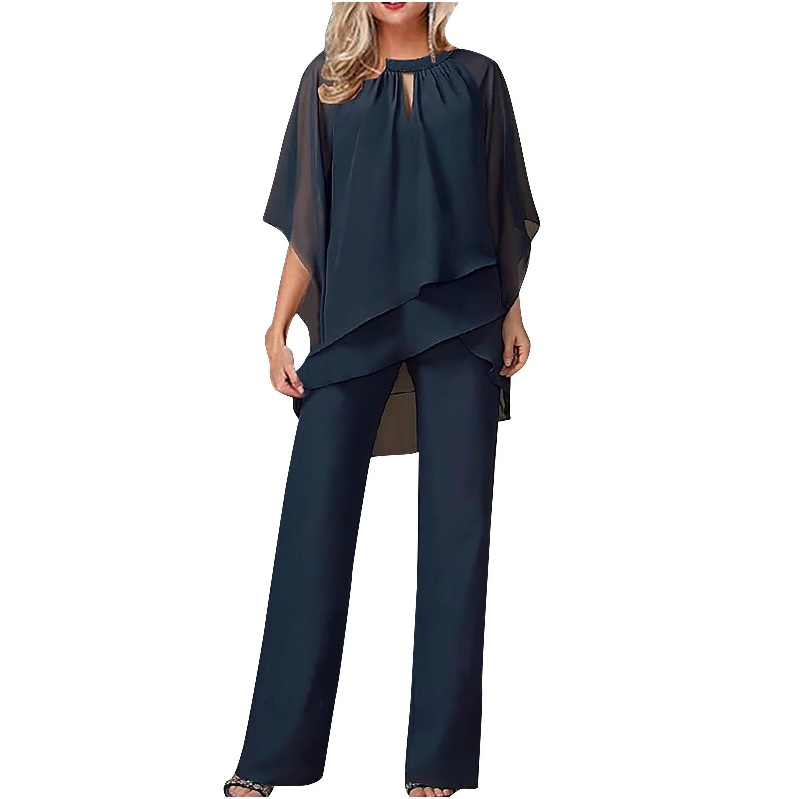 Vivienne | Women's Wide Leg Pantsuit with Chiffon Overlay and Batwing Sleeves