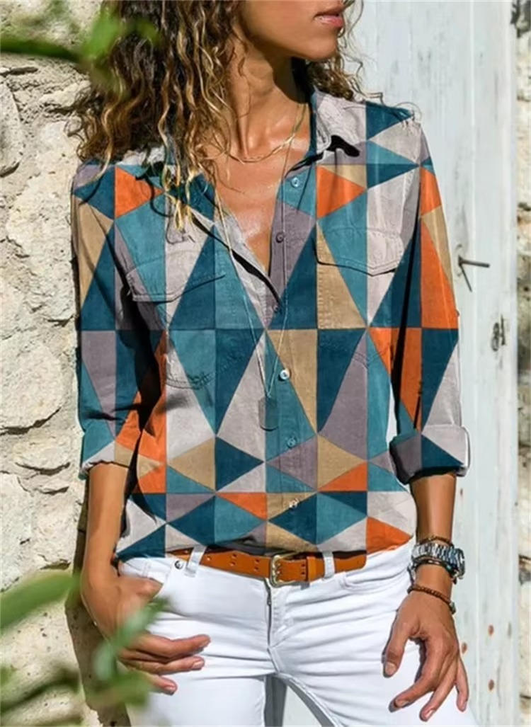 Petra | Women's Long Sleeve Button-Up Shirt with Geometric Print