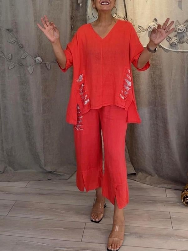 Pearl | Women's Casual V-Neck Top and Cropped Pants 2-Piece Set