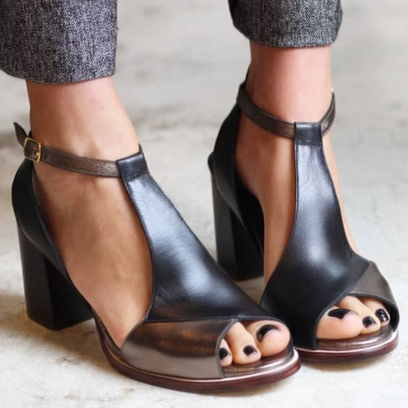 Nadaria™ | Black Patchwork Open-Toe Heels
