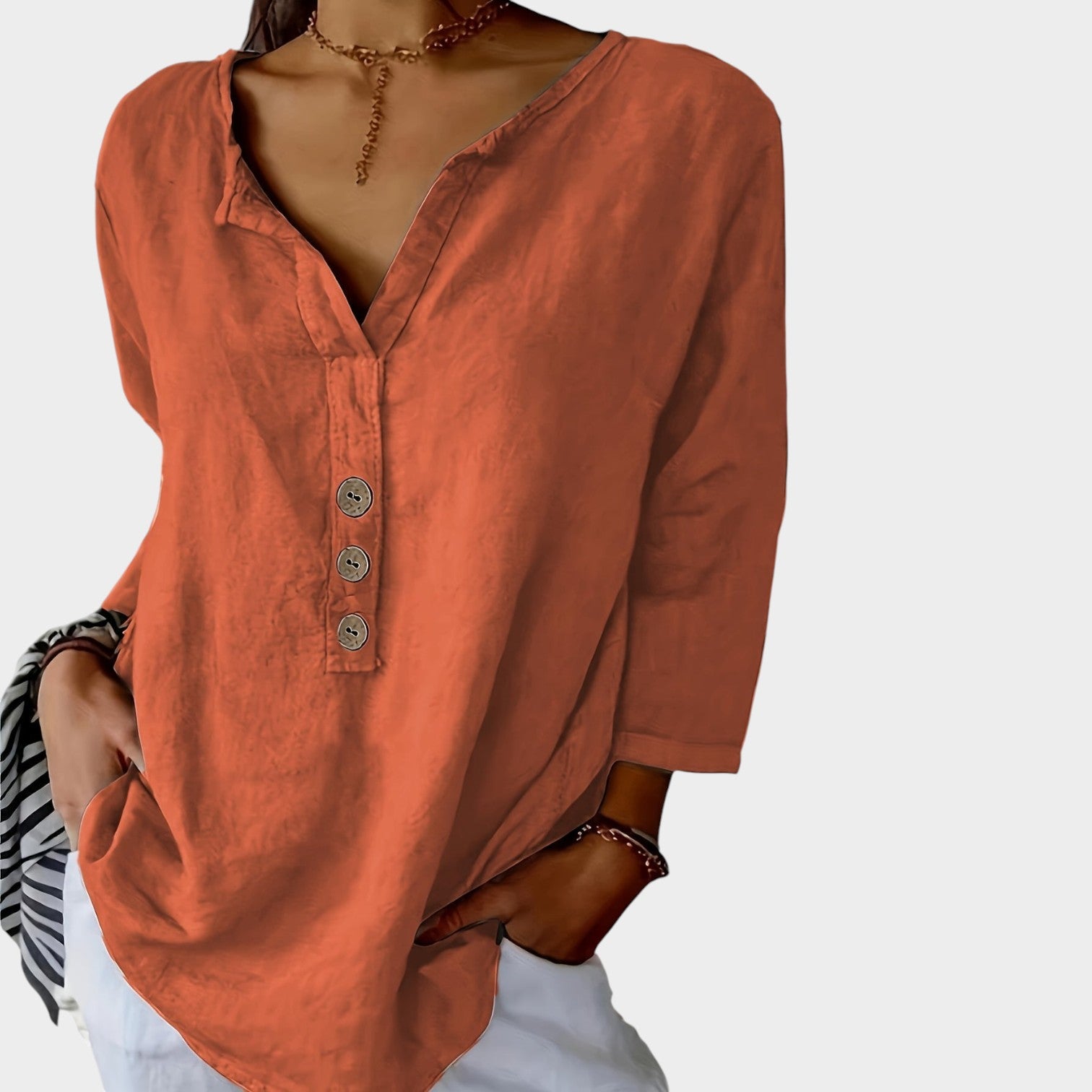 Button Up V-Neck Blouse