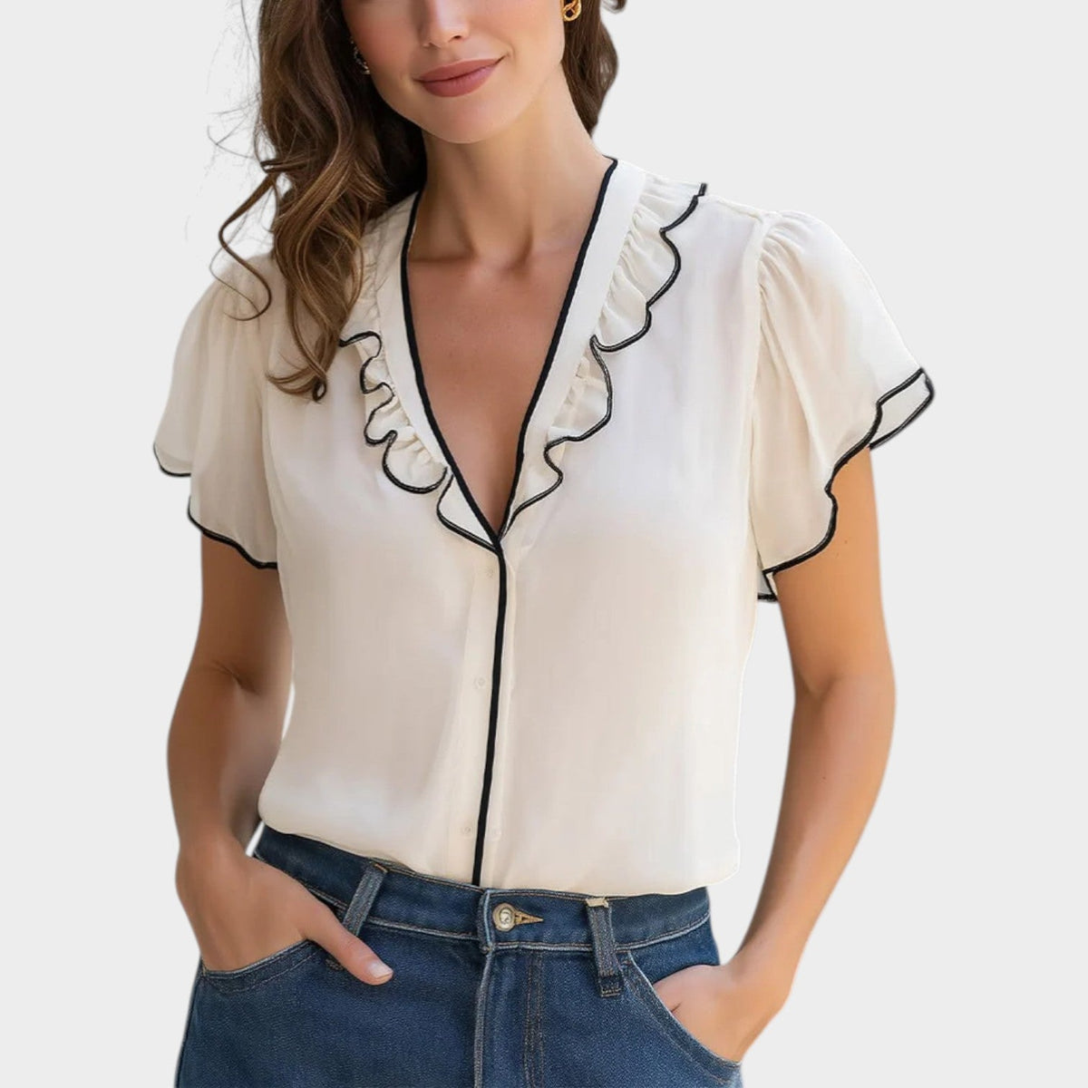 Women's Top Ruffled V-Neck Short Sleeve Blouse