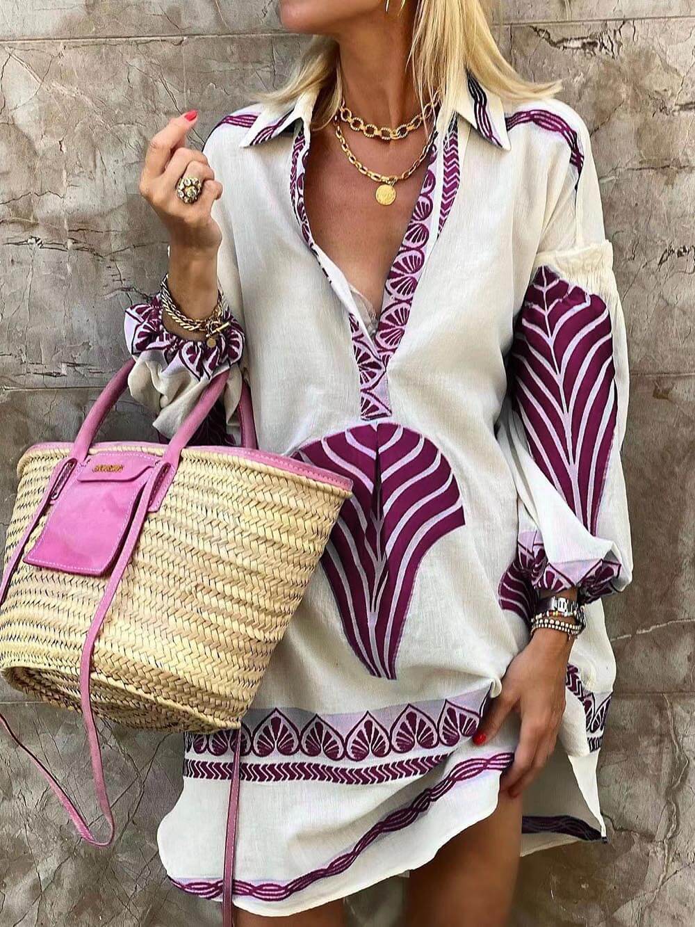 Elysia | Women's Long Sleeve Mini Dress with V-Neck and Print