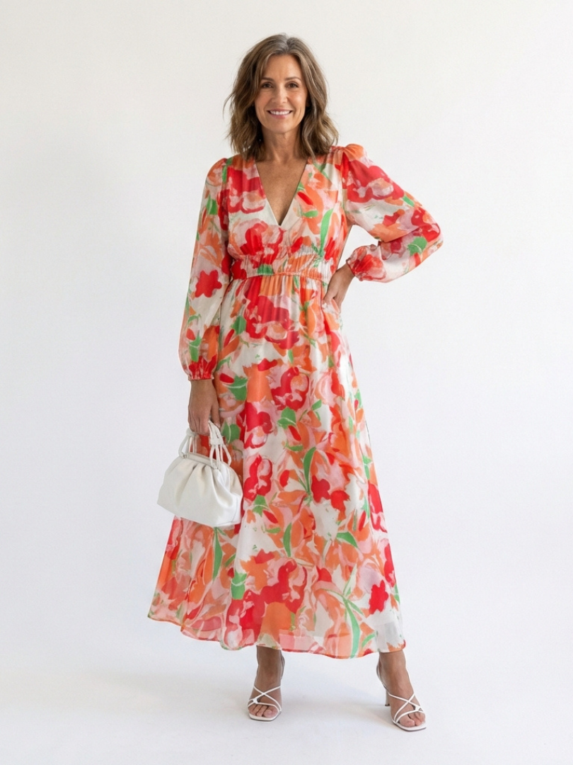Emilia | Women's Floral Maxi Dress with V-Neck and Long Sleeves