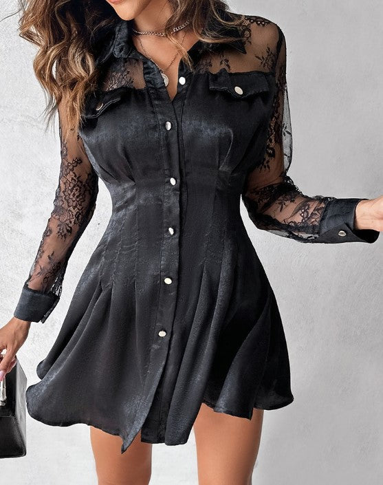 Evangeline | Women's Long Sleeve Lace Mini Dress with Button Front