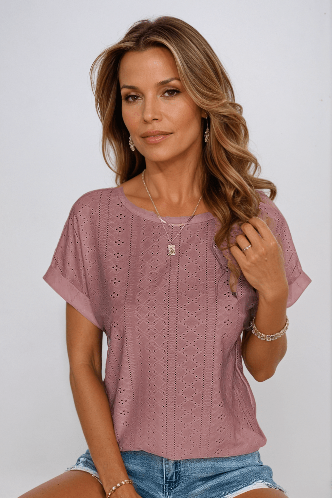 Pearl Women's Short Sleeve Crew Neck Top with Eyelet Embroidery