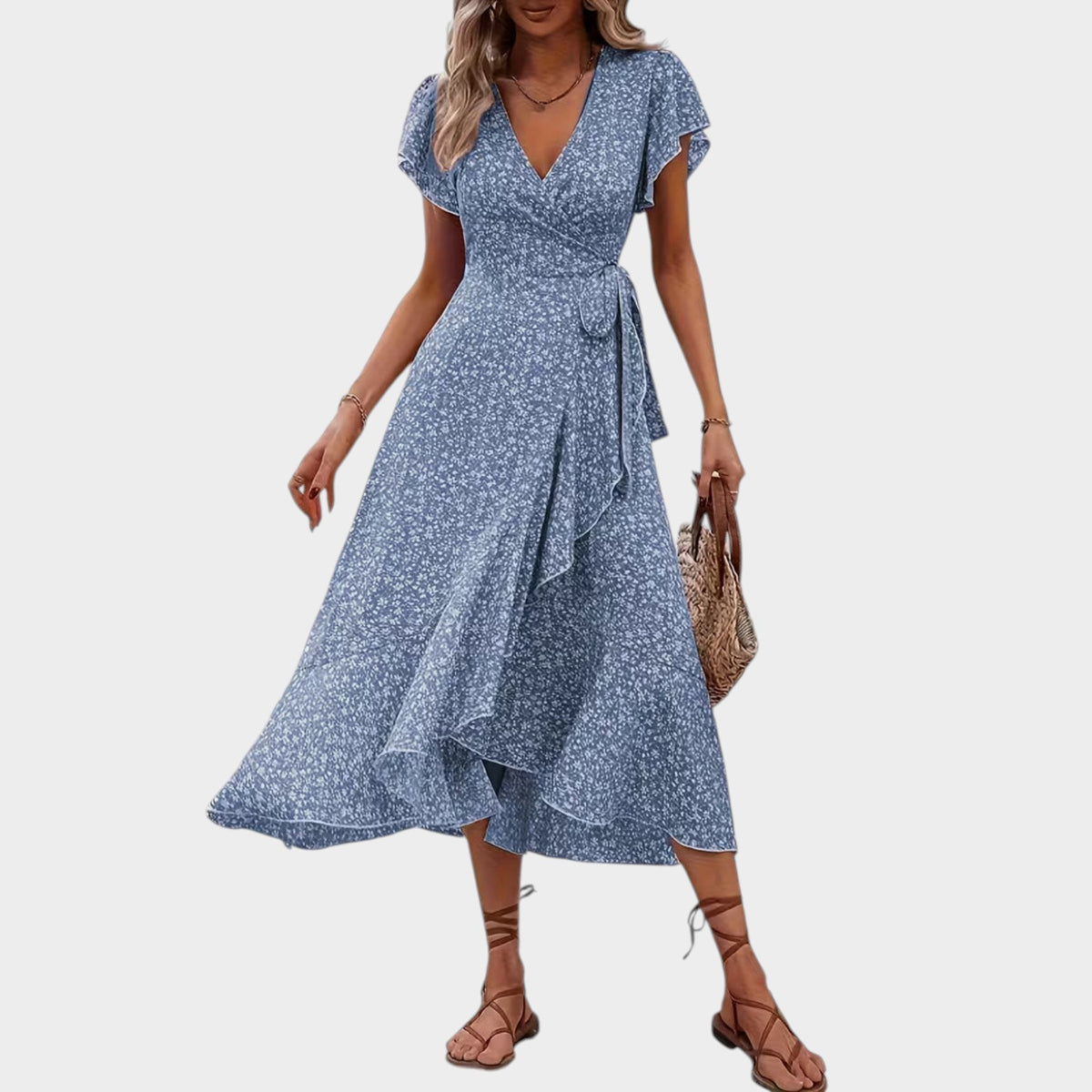 Women’s Floral Wrap Midi Dress with V-Neckline Short Sleeves