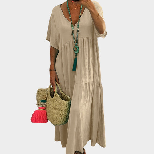 Women’s Tiered Maxi Dress with V-Neck and Short Sleeves