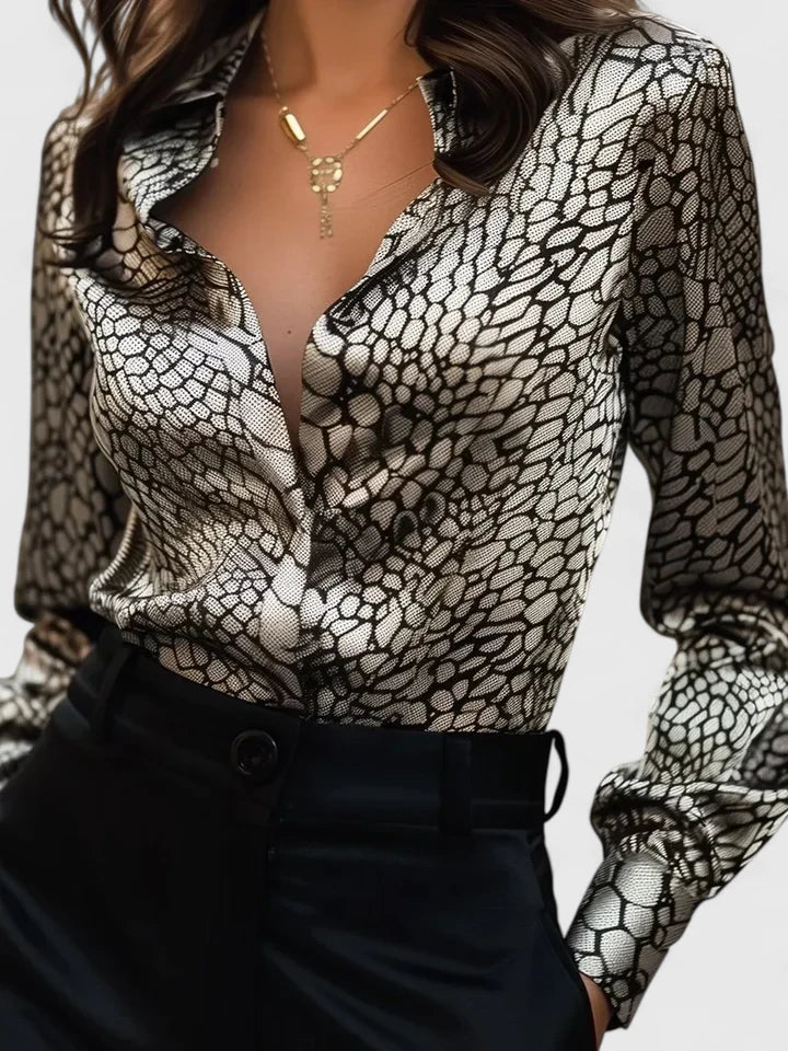 Fleur | Women's Long Sleeve Collared Blouse in Leopard Print