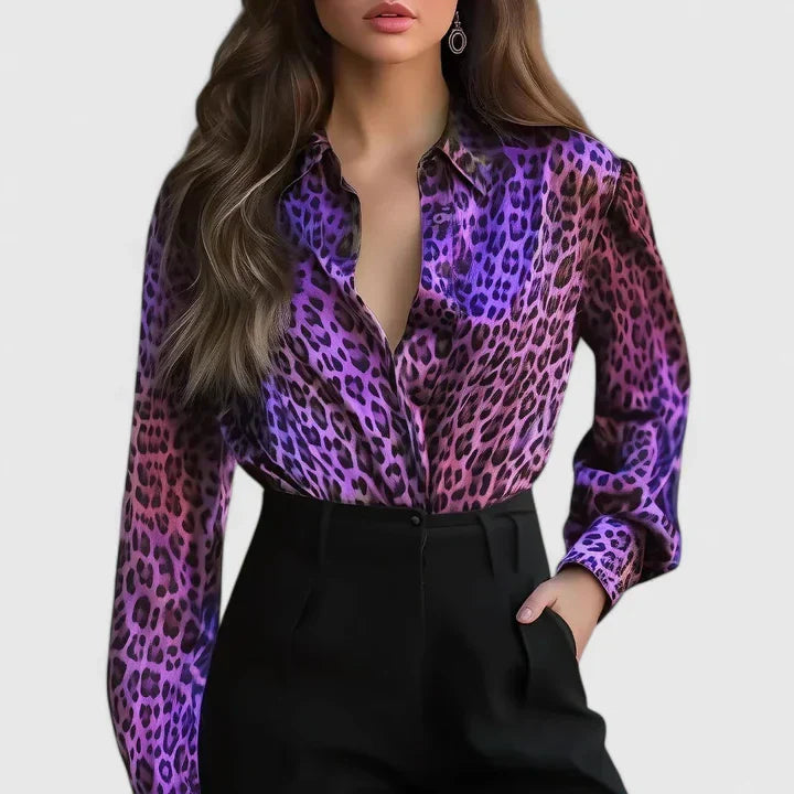 Fleur | Women's Long Sleeve Collared Blouse in Leopard Print