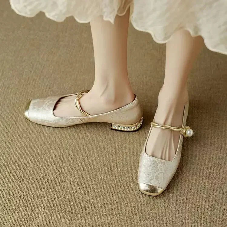 Celeste | Women's Glitter Block Heel Mary Jane Shoes with Pearl Strap