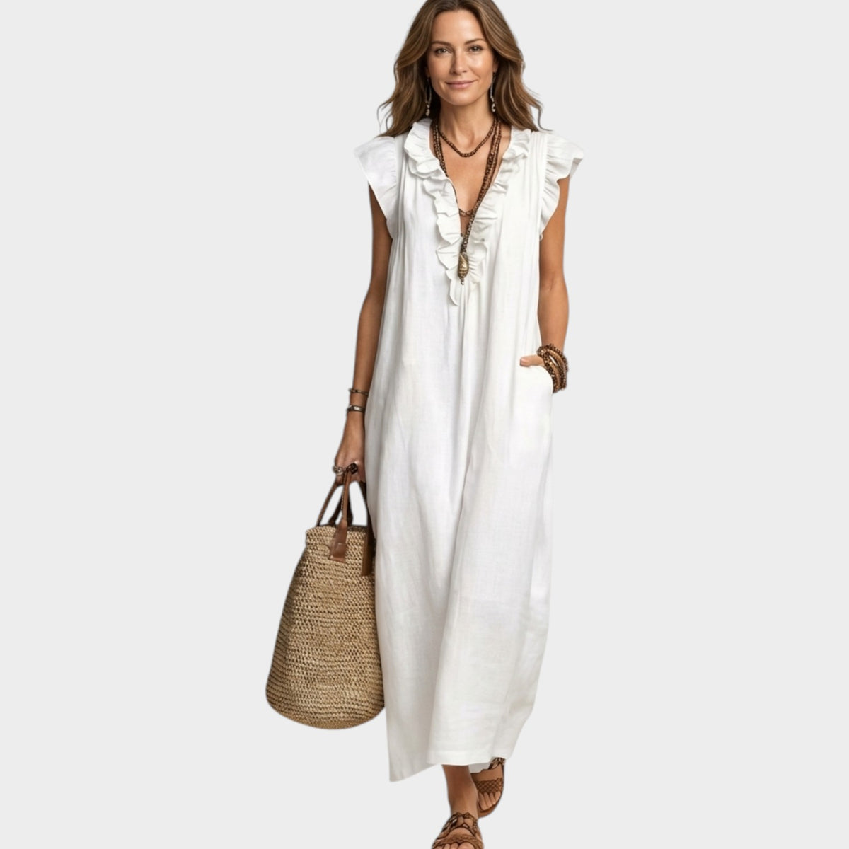Women's Linen Maxi Dress Ruffle V-Neck
