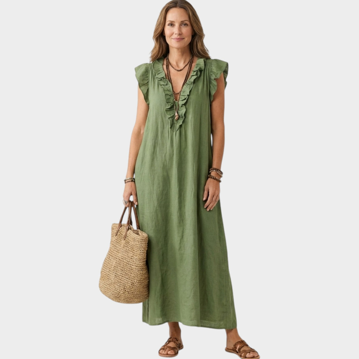 Women's Linen Maxi Dress Ruffle V-Neck