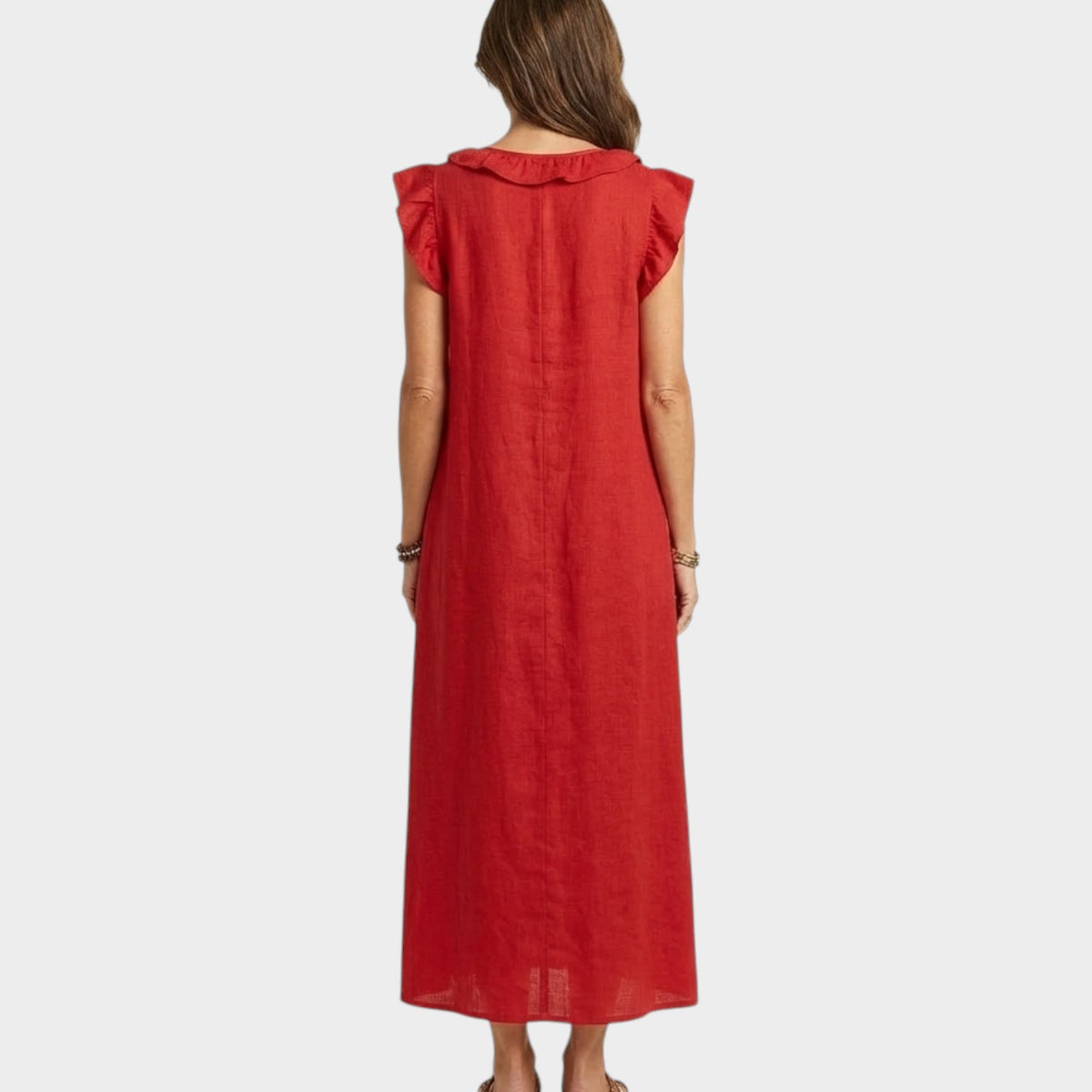 Women's Linen Maxi Dress Ruffle V-Neck