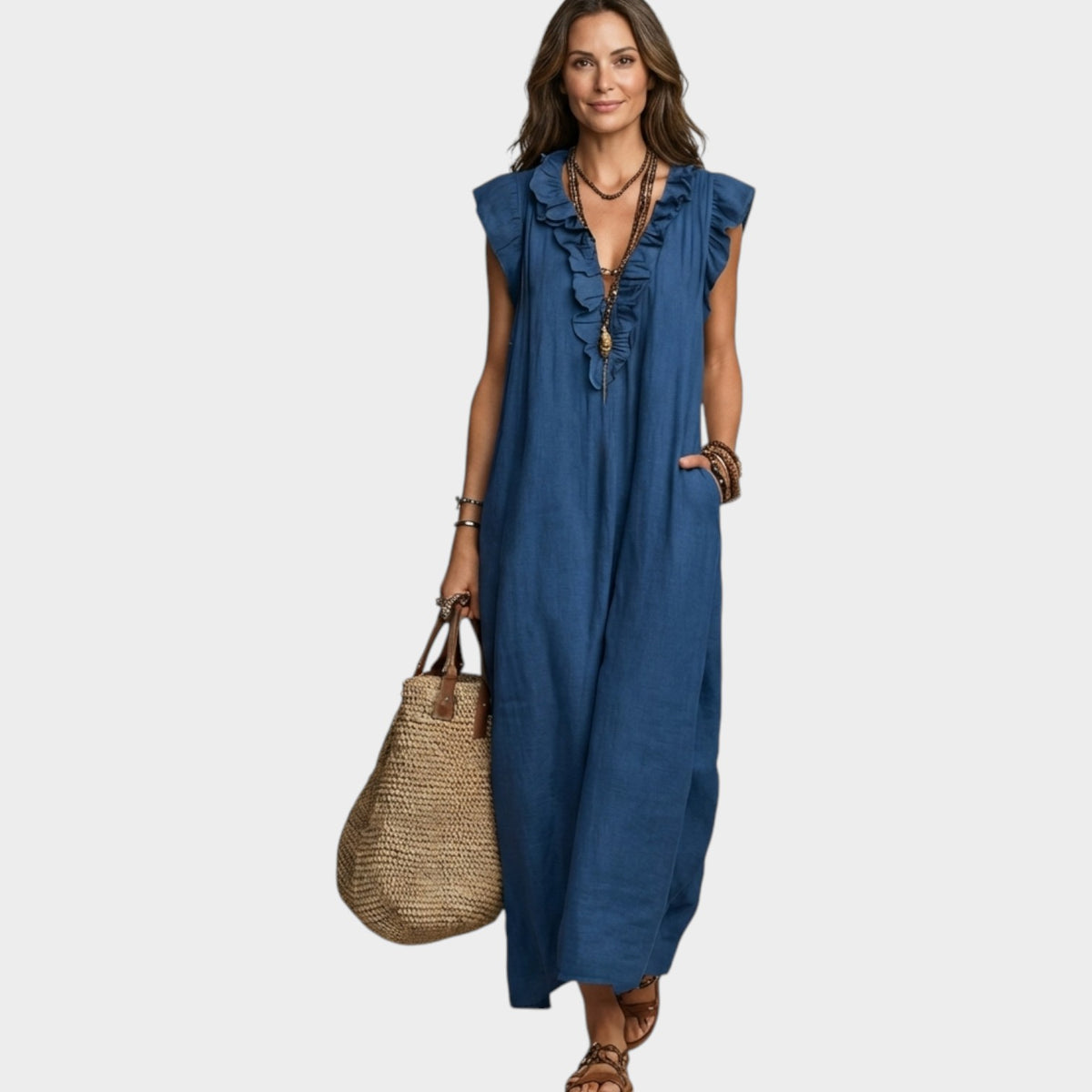 Women's Linen Maxi Dress Ruffle V-Neck