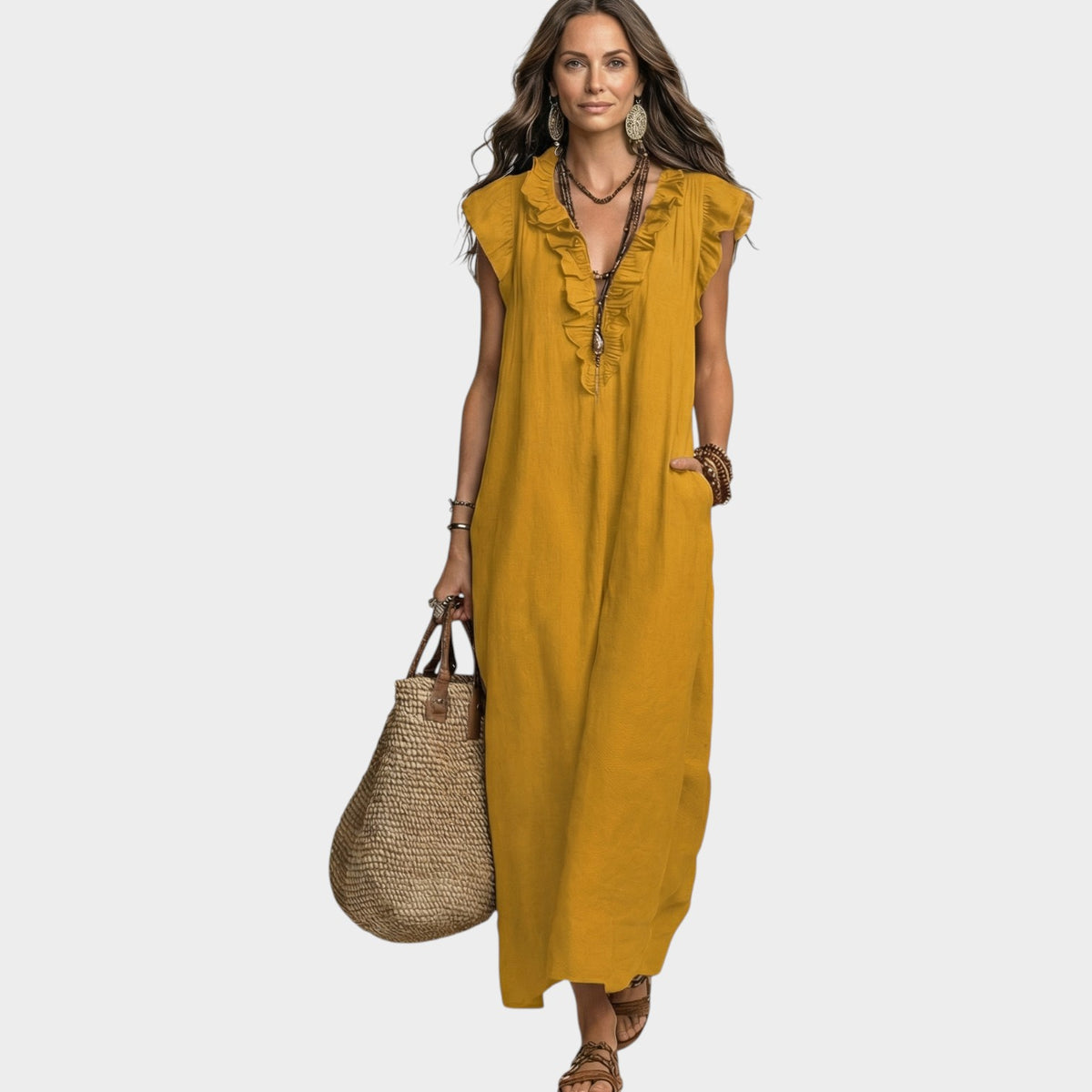 Women's Linen Maxi Dress Ruffle V-Neck