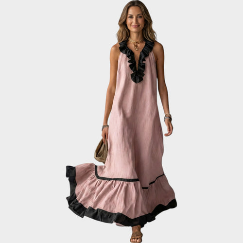 Women's Ruffle Maxi Dress Sleeveless Contrast Trim