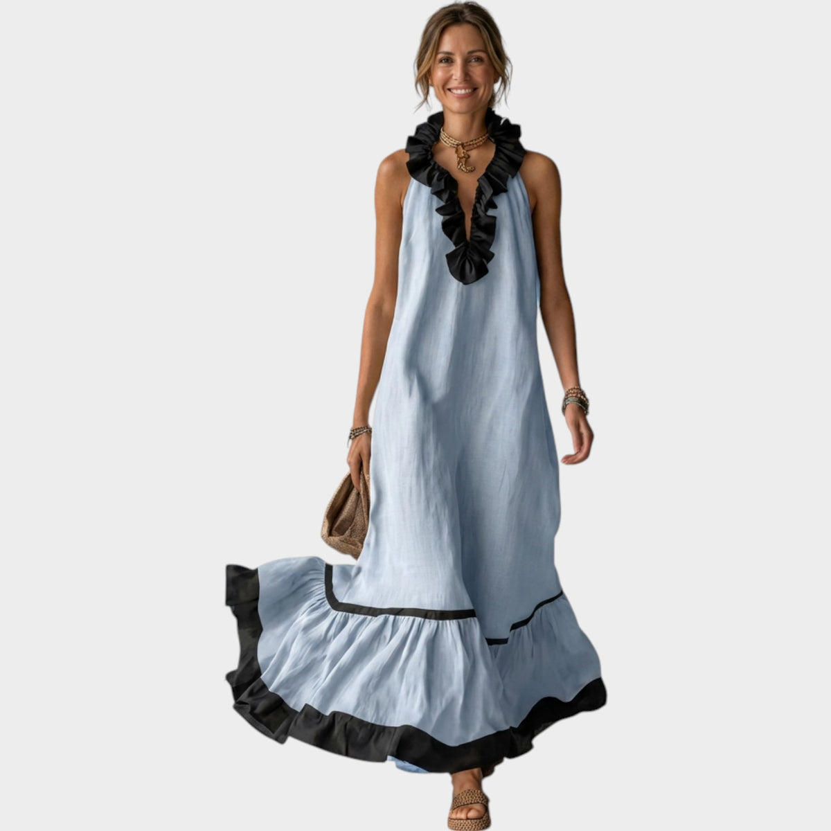 Women's Ruffle Maxi Dress Sleeveless Contrast Trim