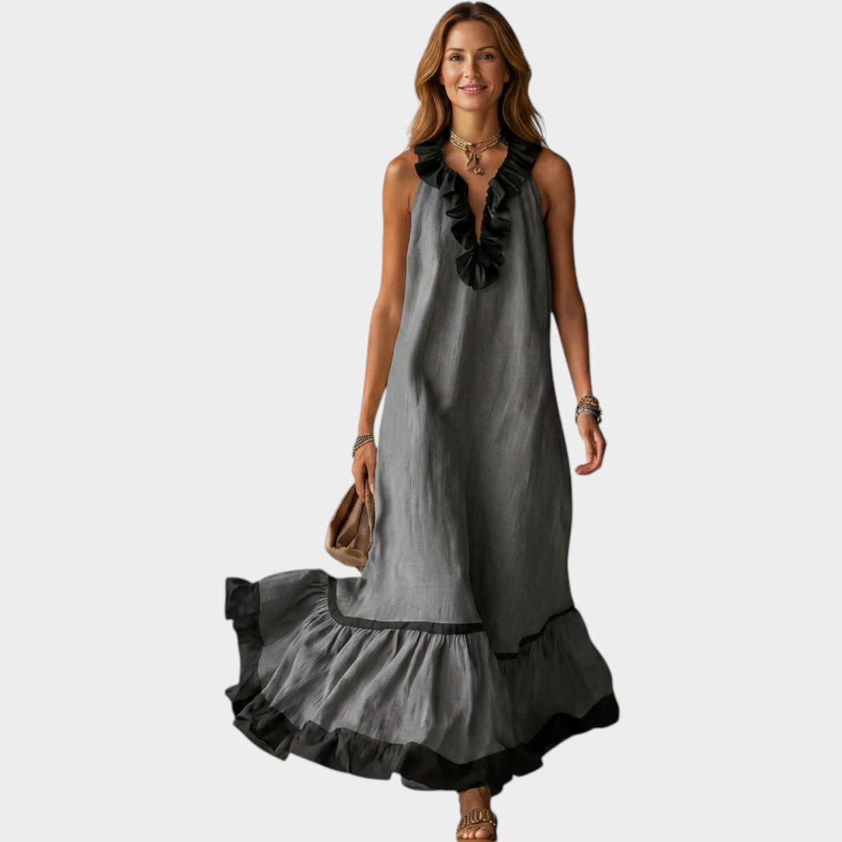 Women's Ruffle Maxi Dress Sleeveless Contrast Trim