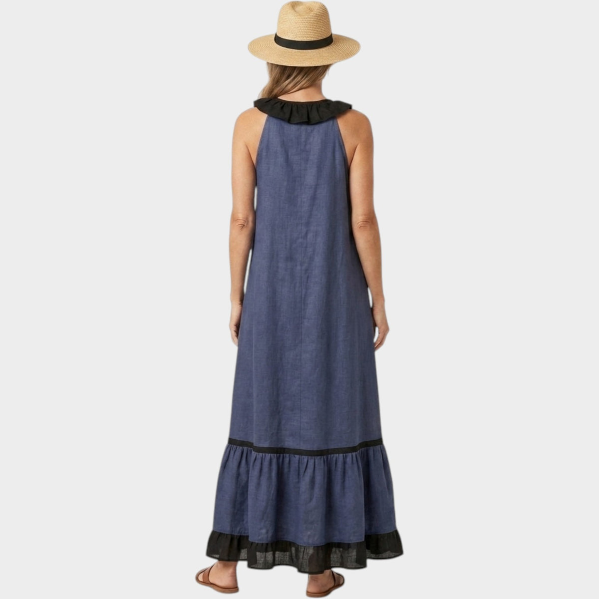 Women's Ruffle Maxi Dress Sleeveless Contrast Trim