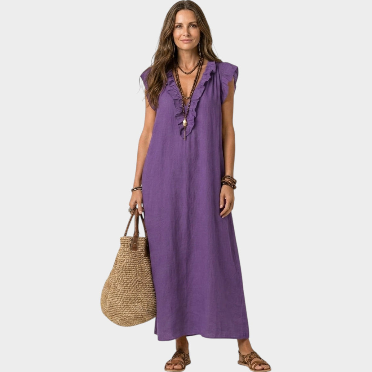 Women's Linen Maxi Dress Ruffle V-Neck