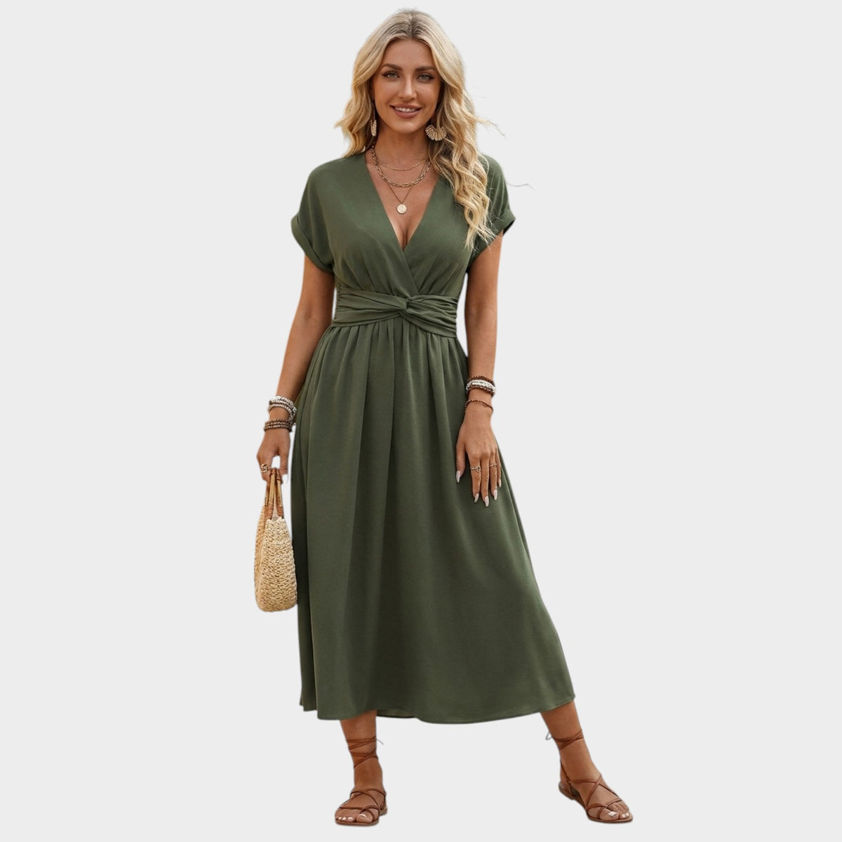 Women’s Wrap Midi Dress V-Neck Short Sleeves Ruched Waist