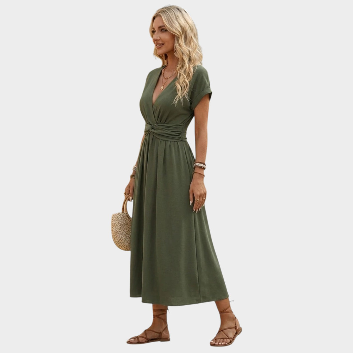Women’s Wrap Midi Dress V-Neck Short Sleeves Ruched Waist