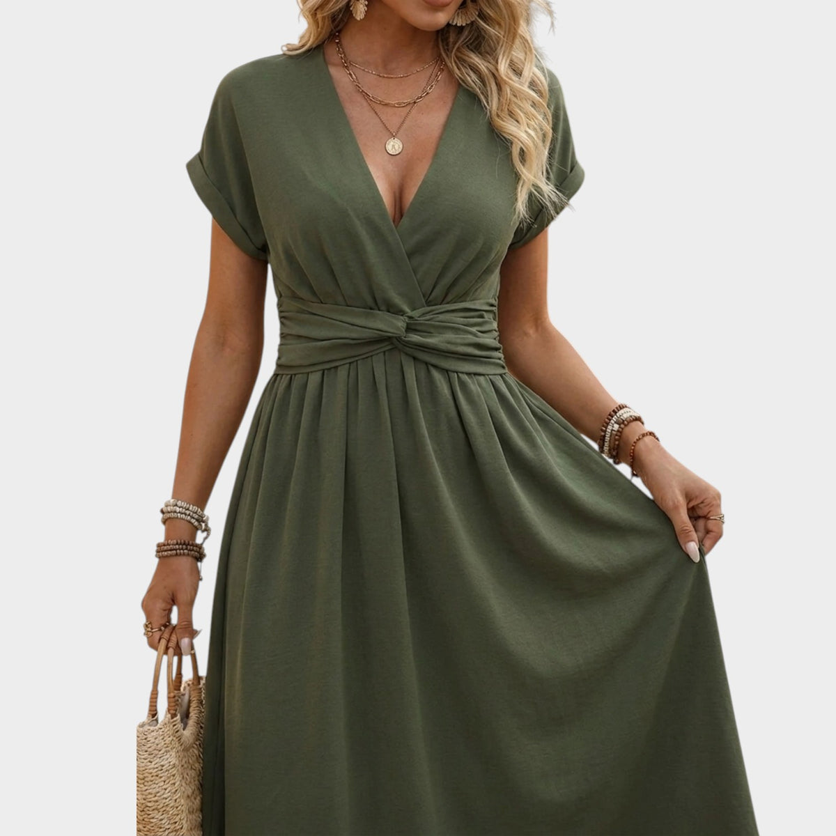 Women’s Wrap Midi Dress V-Neck Short Sleeves Ruched Waist