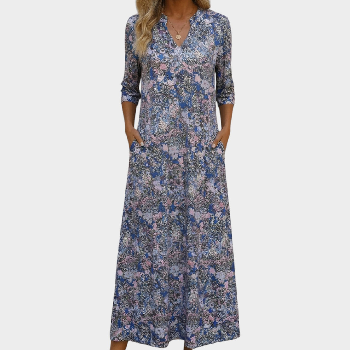 Women’s Floral Midi Dress V-Neck Three-Quarter Sleeves Side Pockets