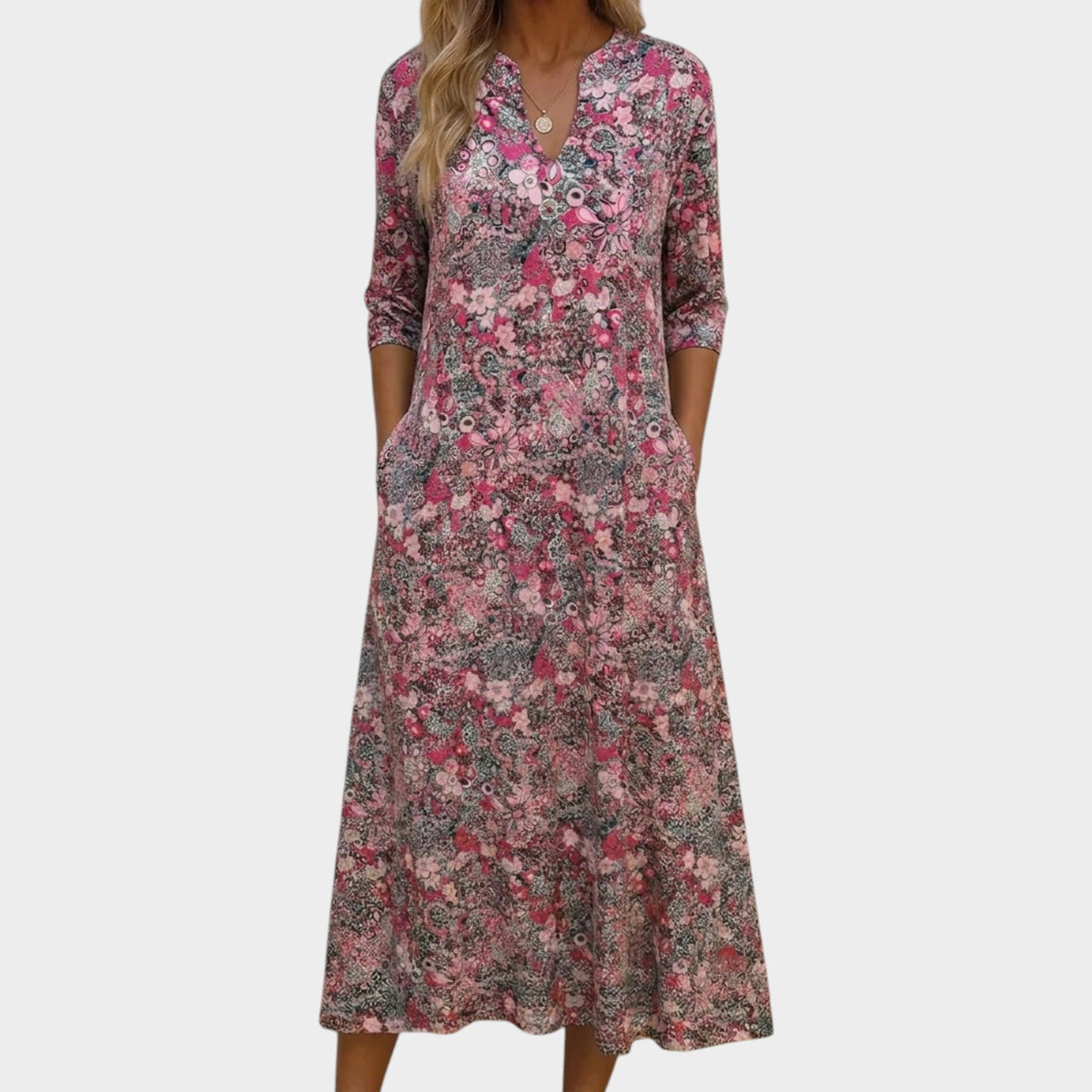 Women’s Floral Midi Dress V-Neck Three-Quarter Sleeves Side Pockets