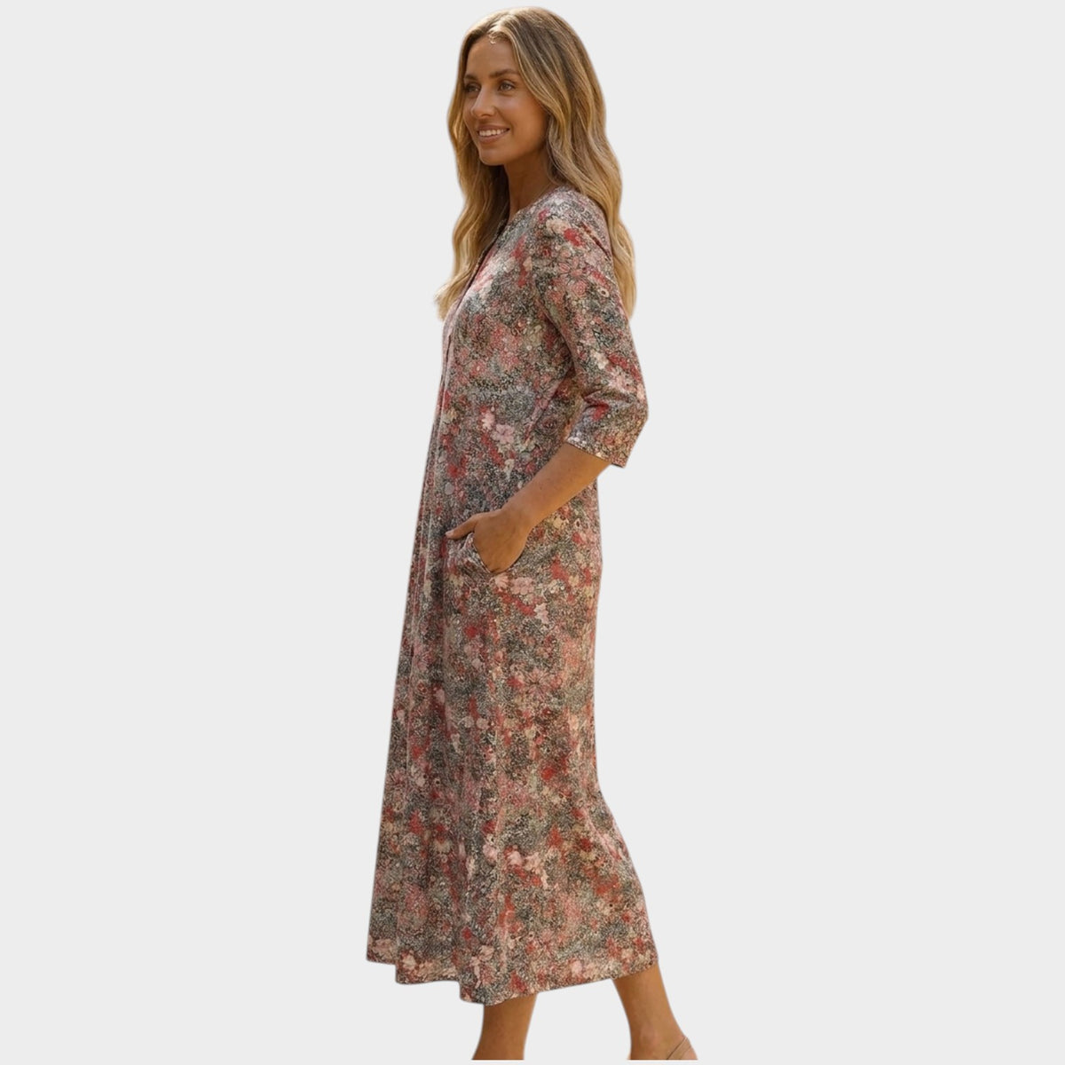 Women’s Floral Midi Dress V-Neck Three-Quarter Sleeves Side Pockets