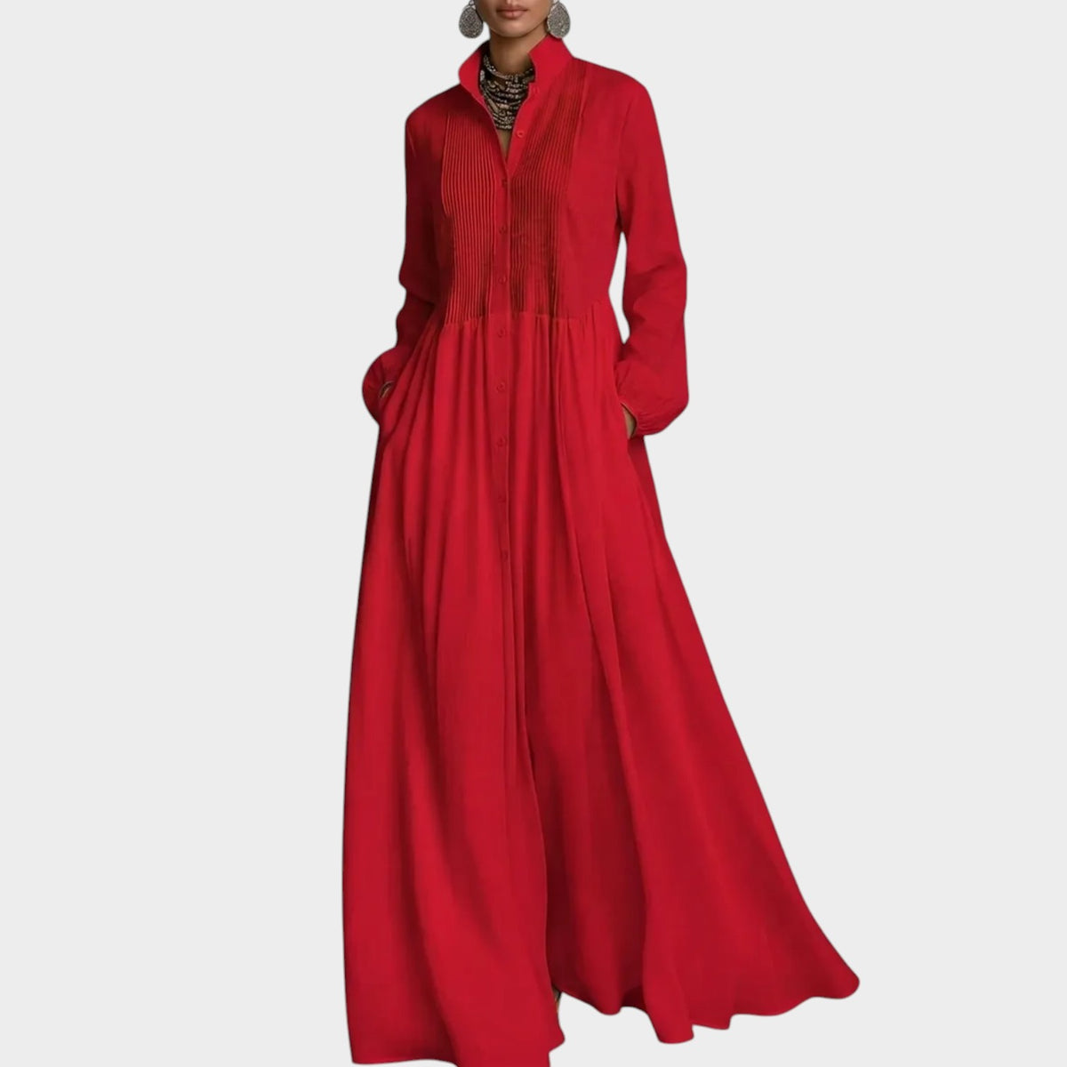 Women’s Long Sleeve Maxi Dress with Collared Neckline and Pockets