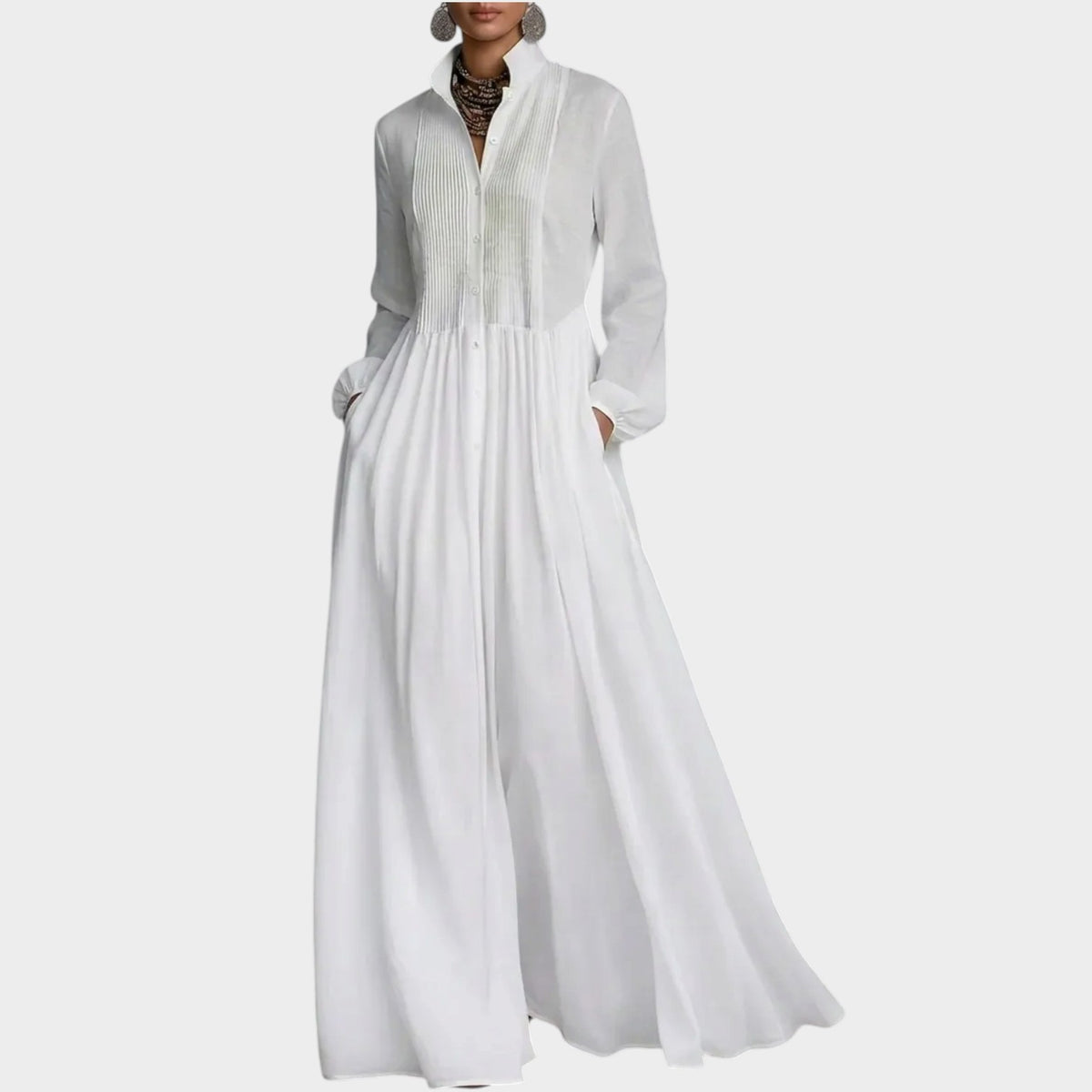 Women’s Long Sleeve Maxi Dress with Collared Neckline and Pockets