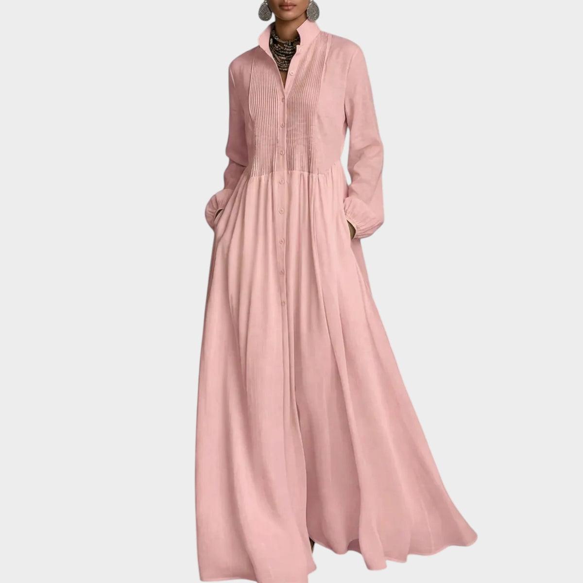 Women’s Long Sleeve Maxi Dress with Collared Neckline and Pockets