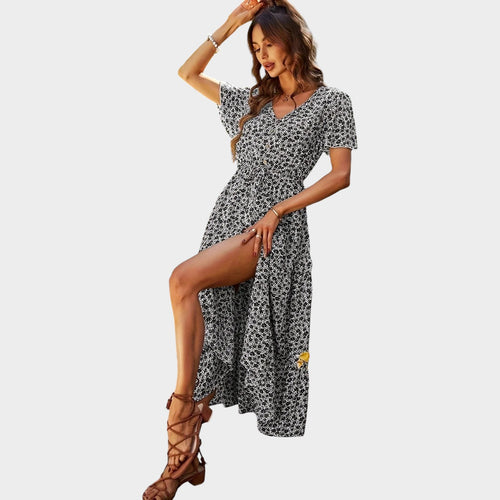 Women’s Floral Print Maxi Dress with V-Neckline, Short Sleeves and Button Front