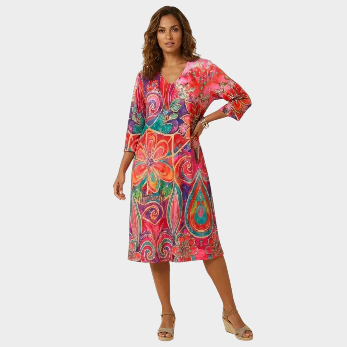 Women’s Floral Paisley Print Midi Dress with Three-Quarter Sleeves