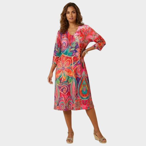 Women’s Floral Paisley Print Midi Dress with Three-Quarter Sleeves