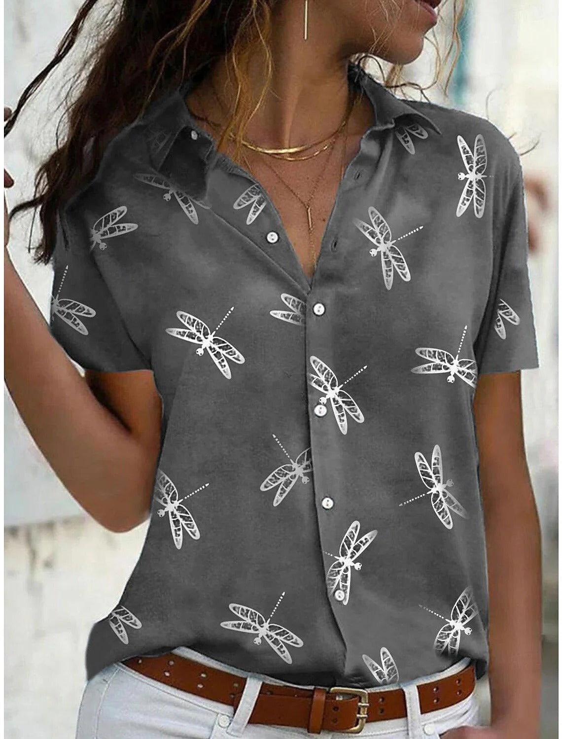 Daisy | Women's Short Sleeve Button-Down Shirt with Dragonfly Print